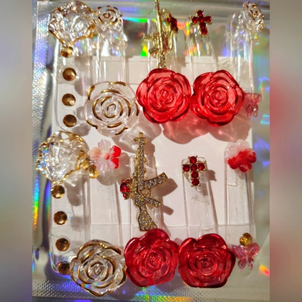 Glamorous Red and Gold Floral Press-On Nails